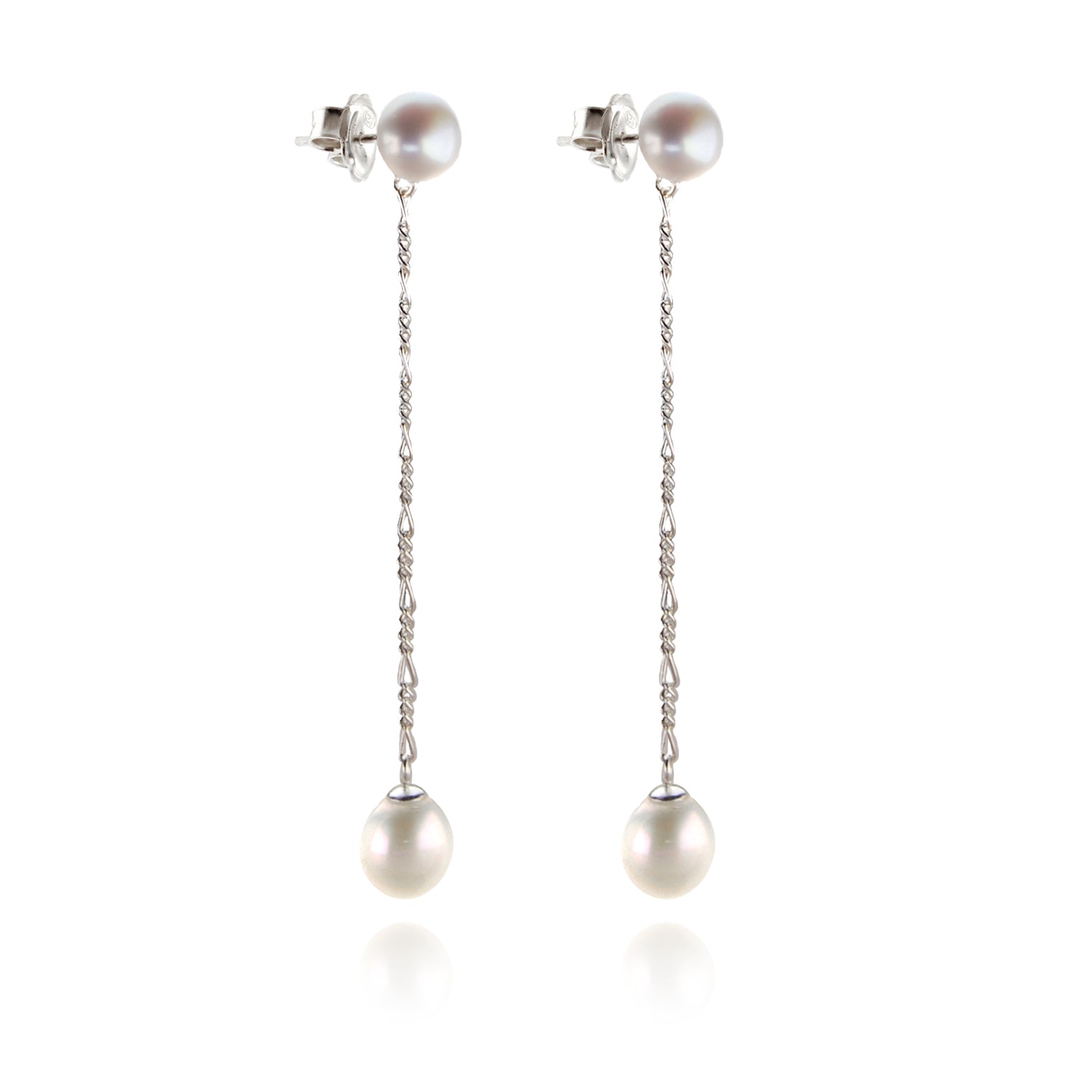 Classic Long Drop White Pearl Earrings on Silver